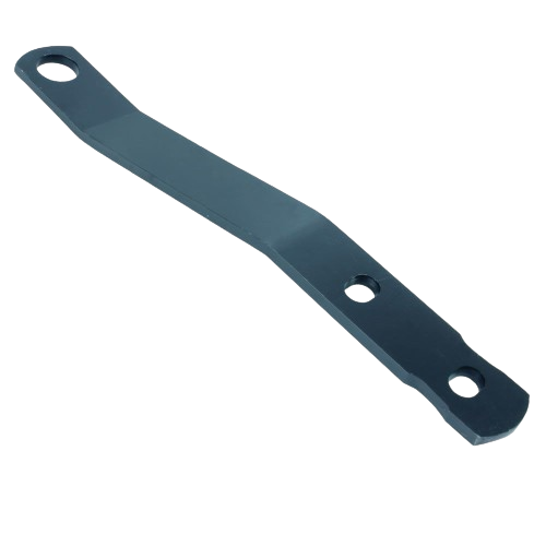 Metal mower deck rear draft arm in dark finish with three mounting holes for tools and home improvement use
