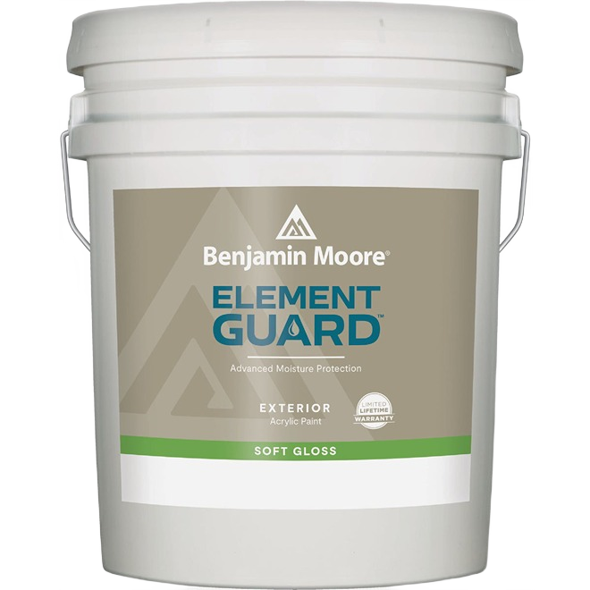 5-gallon bucket of Benjamin Moore Element Guard soft gloss exterior paint from paint and home improvement collections