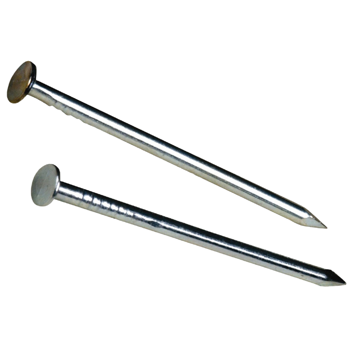Two steel anchor wire nails with flat heads and pointed tips for weatherstrip installation and home improvement tasks