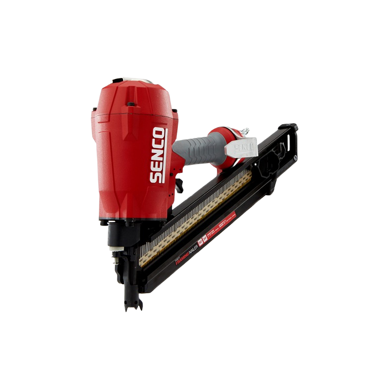Red and gray paper tape framing nailer with ergonomic grip for professional tools and home improvement use