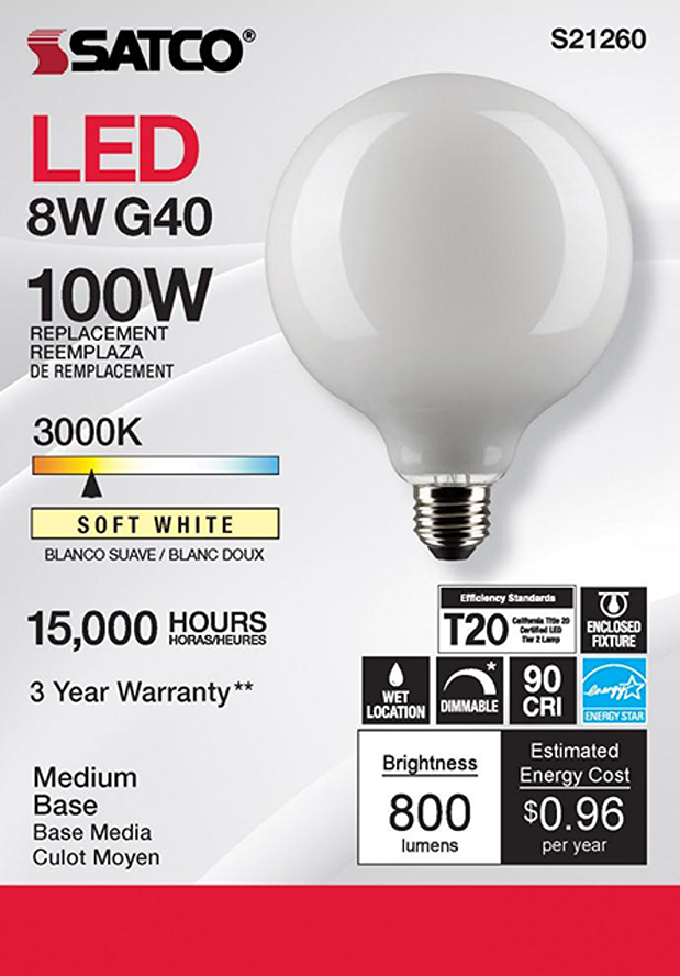 White LED light bulb with medium base, soft warm white 3000K glow, energy-saving, dimmable, and wet location rated