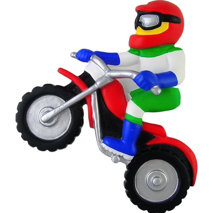 Red-helmeted dirt bike racer figurine wearing green, blue, and white gear performing a wheelie for Christmas decoration under $50 collection