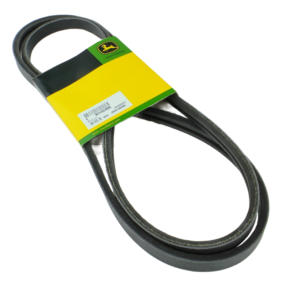 Black rubber powertrain drive belt with John Deere branded yellow and green packaging for automotive use