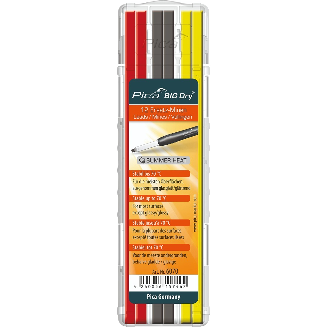 Set of 12 durable refill leads in red, yellow, and graphite for woodworking and measuring tools collections