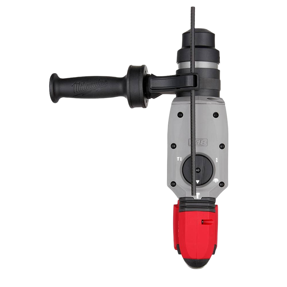 Cordless rotary hammer drill in black and red with side handle and depth rod for home improvement projects