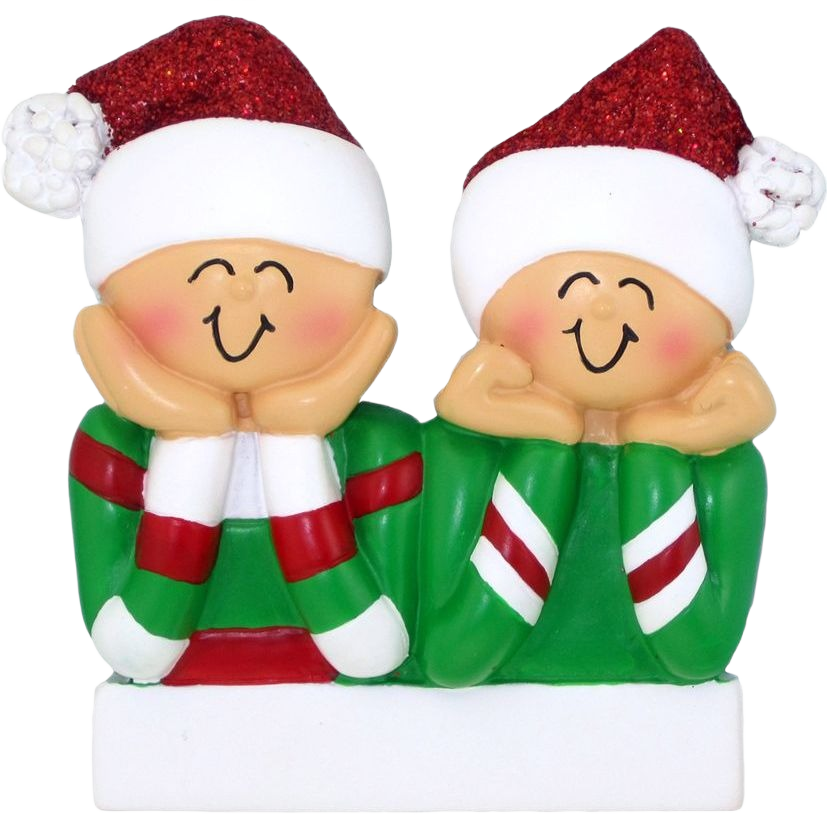 Festive ornament of two smiling figures in holiday sweaters and glittery red Santa hats from Christmas Ornaments & Tree Decorations collection