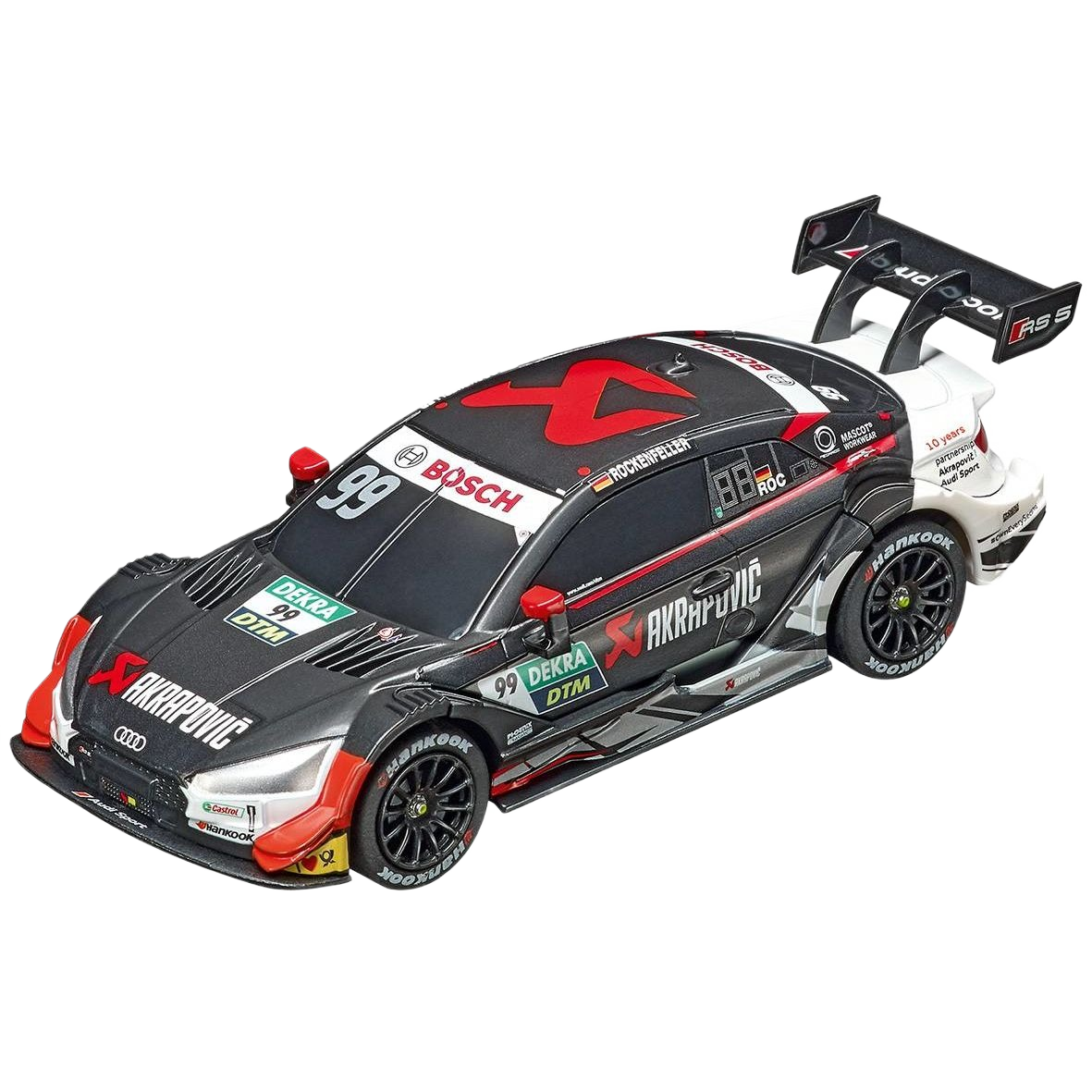 Detailed 1:43 scale slot car of Audi RS 5 DTM No.99 with black, red, and white racing design and sponsor logos