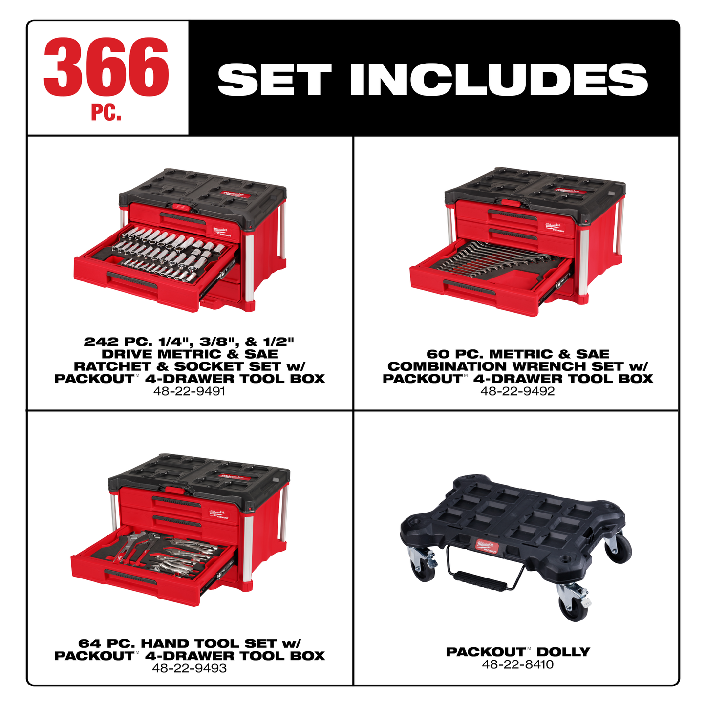 Milwaukee 366pc. Master Mechanics Hand Tool Set with PACKOUT™ Drawers and Dolly