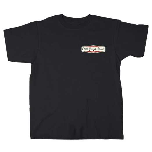 Black men's casual shirt with "Old Guys Rule" logo for comfortable everyday wear in men's clothing collection