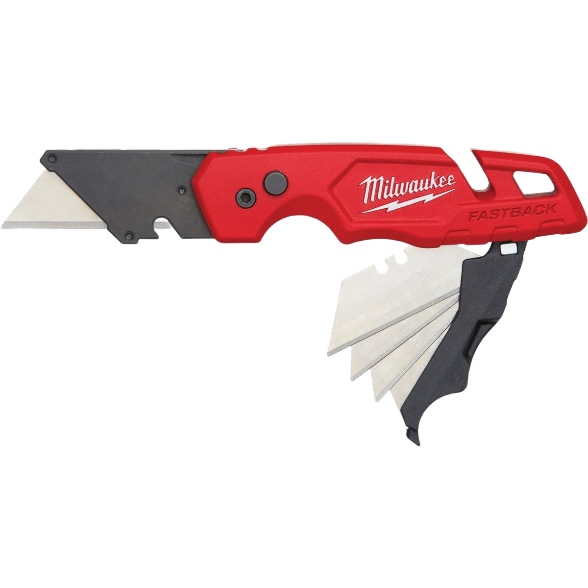 Red and black folding utility knife with integrated blade storage designed for tools and home improvement use