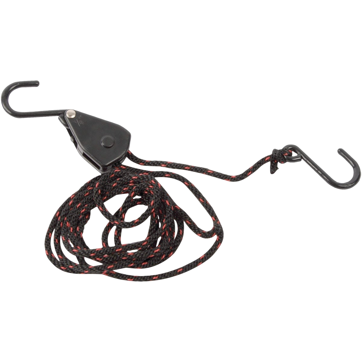 Black and red braided ratchet strap with metal hooks for securing items in tools and home improvement tasks