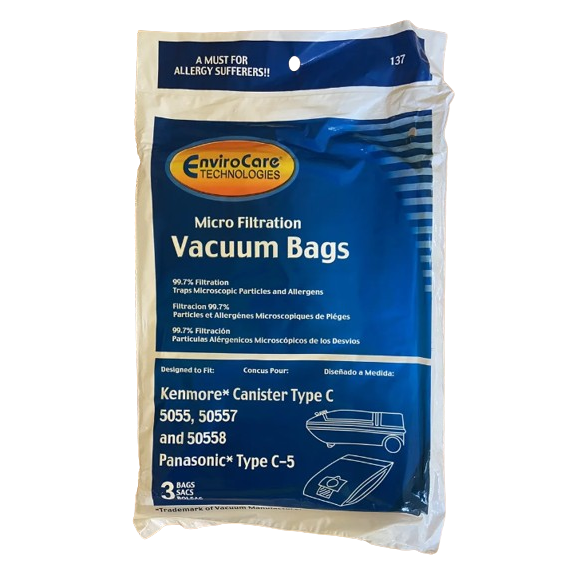 Pack of three vacuum bags with micro filtration for Kenmore canister and Panasonic Type C models, designed for allergy relief