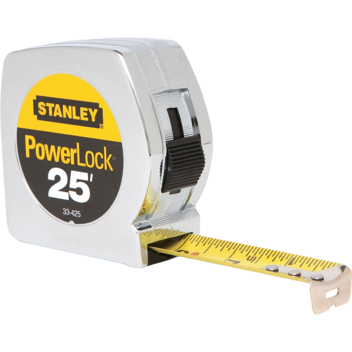 Compact Stanley Powerlock 25 ft. tape measure with lock button for woodworking and measuring tools collections