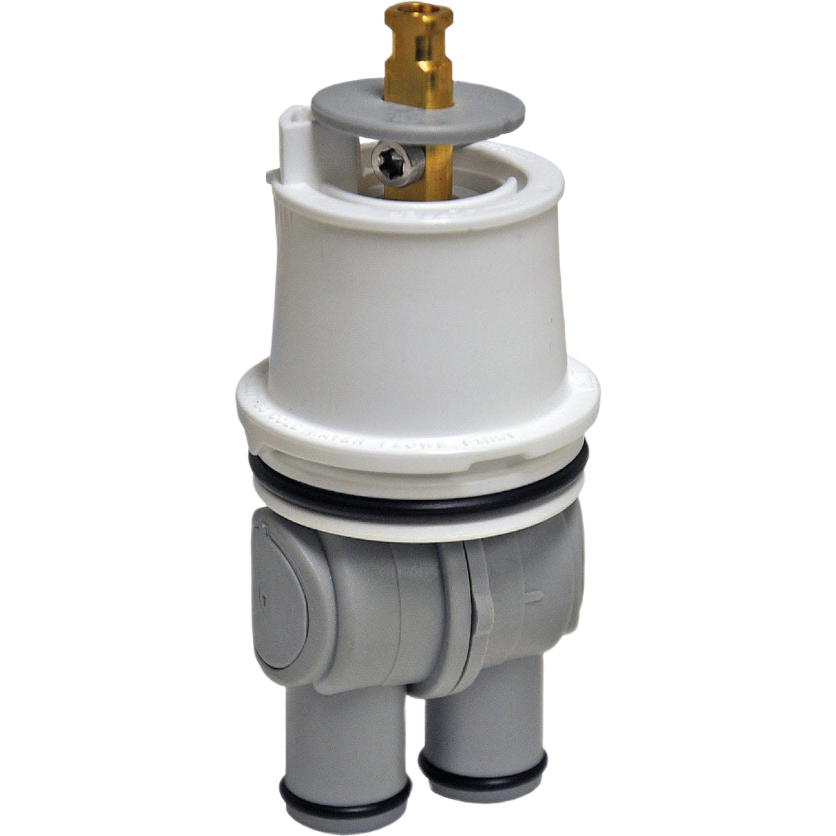 White and gray replacement cartridge for tub and shower faucets in plumbing repair and faucet parts collection