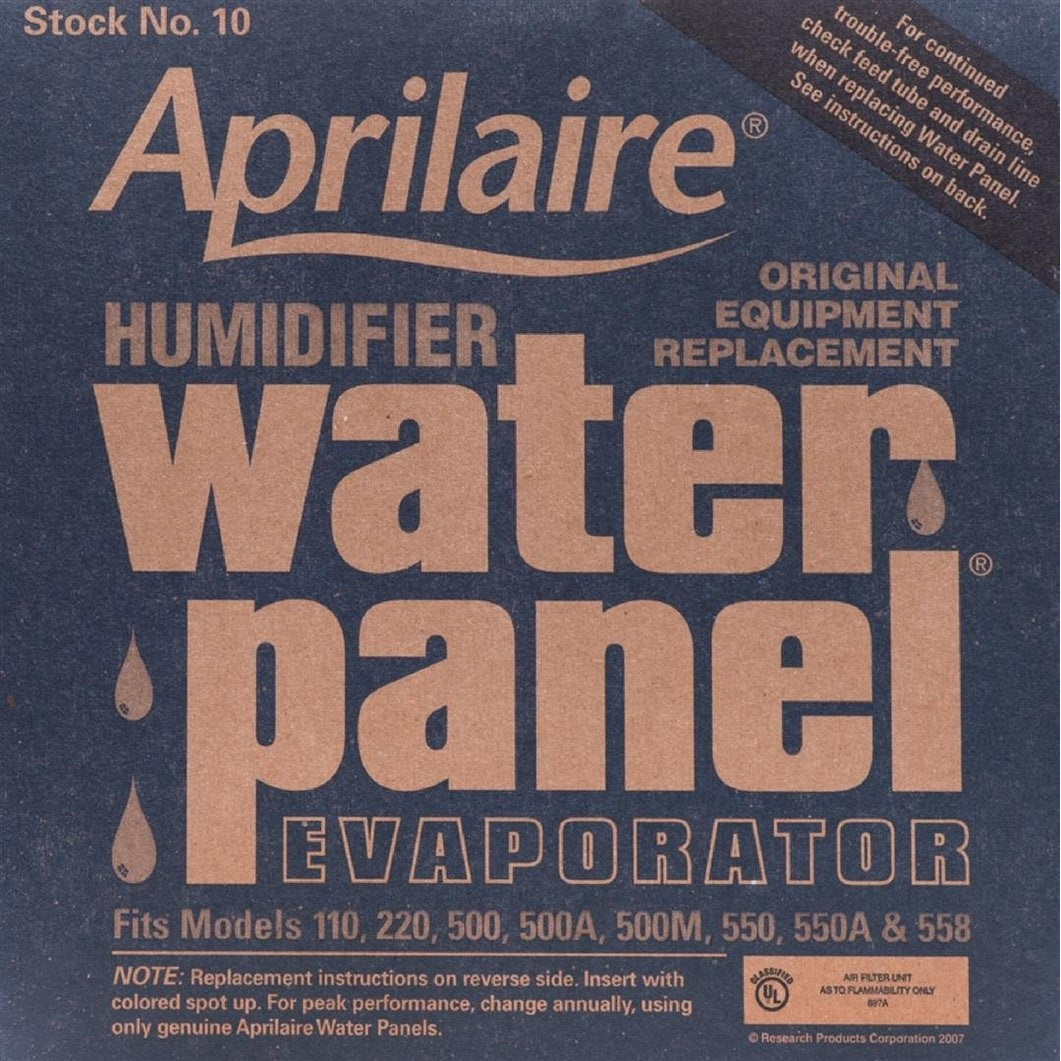 Brown and black packaging for Aprilaire humidifier water panel replacement, promoting home air management and filters.