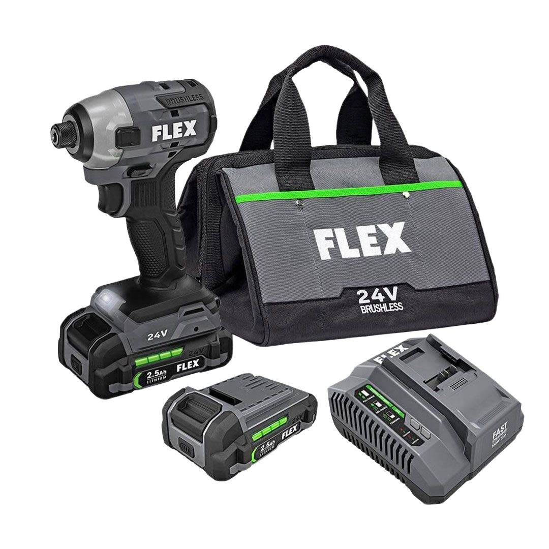 Cordless 24V brushless hex impact driver kit with two batteries, charger, and gray tool bag for home improvement tasks