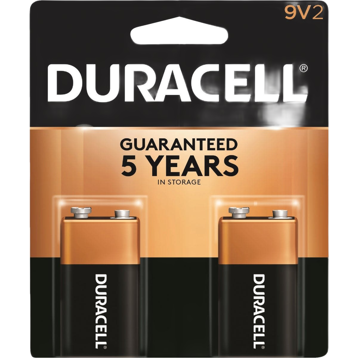 Two-pack of Duracell CopperTop 9V alkaline batteries with guaranteed 5 years storage life for tools and home use