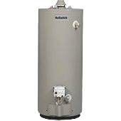 Tall beige propane gas water heater with insulation, designed for home improvement and efficient water heating