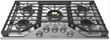 Deep-recessed stainless steel gas cooktop with five burners and control knobs for kitchen and home improvement projects