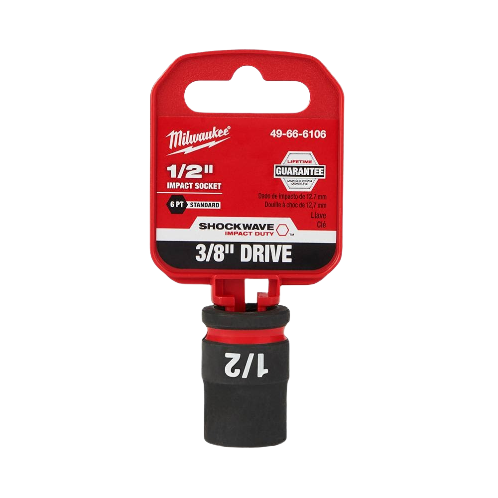 Black and red 3/8 inch drive 1/2 inch 6-point impact socket for tools and home improvement use