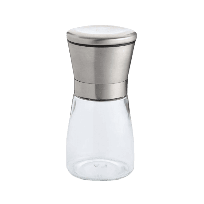 Compact adjustable spice grinder with glass body and stainless steel top, part of kitchen gadgets under $50 collection