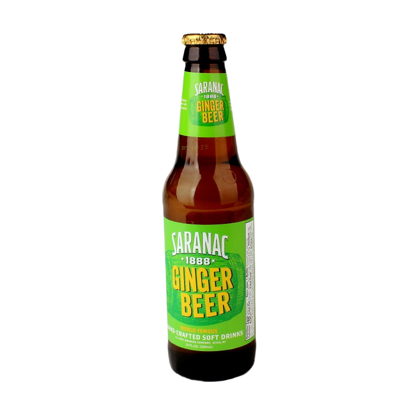 Brown glass bottle of Saranac Ginger Beer with green and yellow label from drinks and food & beverage collections