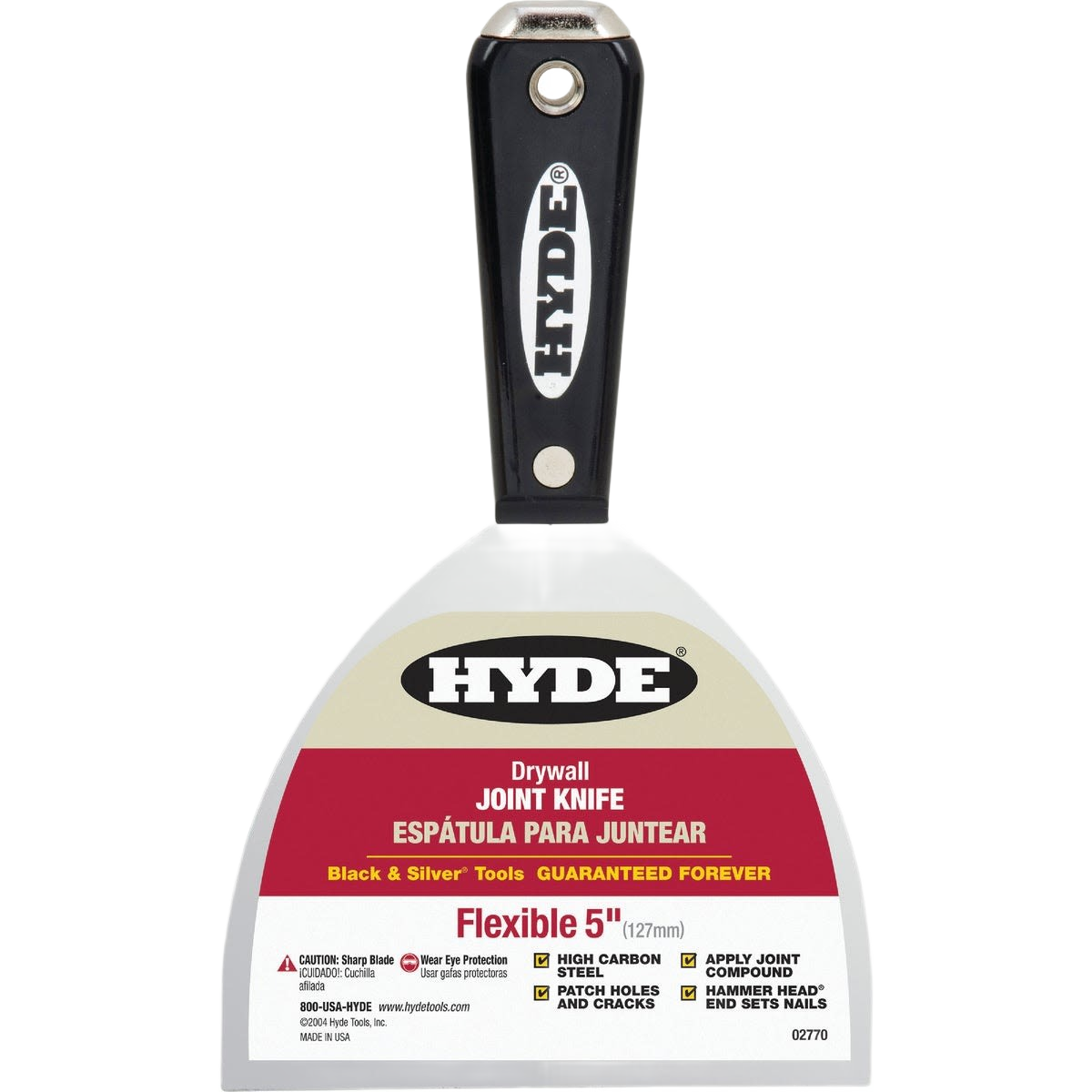 Flexible 5-inch joint knife with black handle and stainless steel blade for drywall tools and home improvement tasks