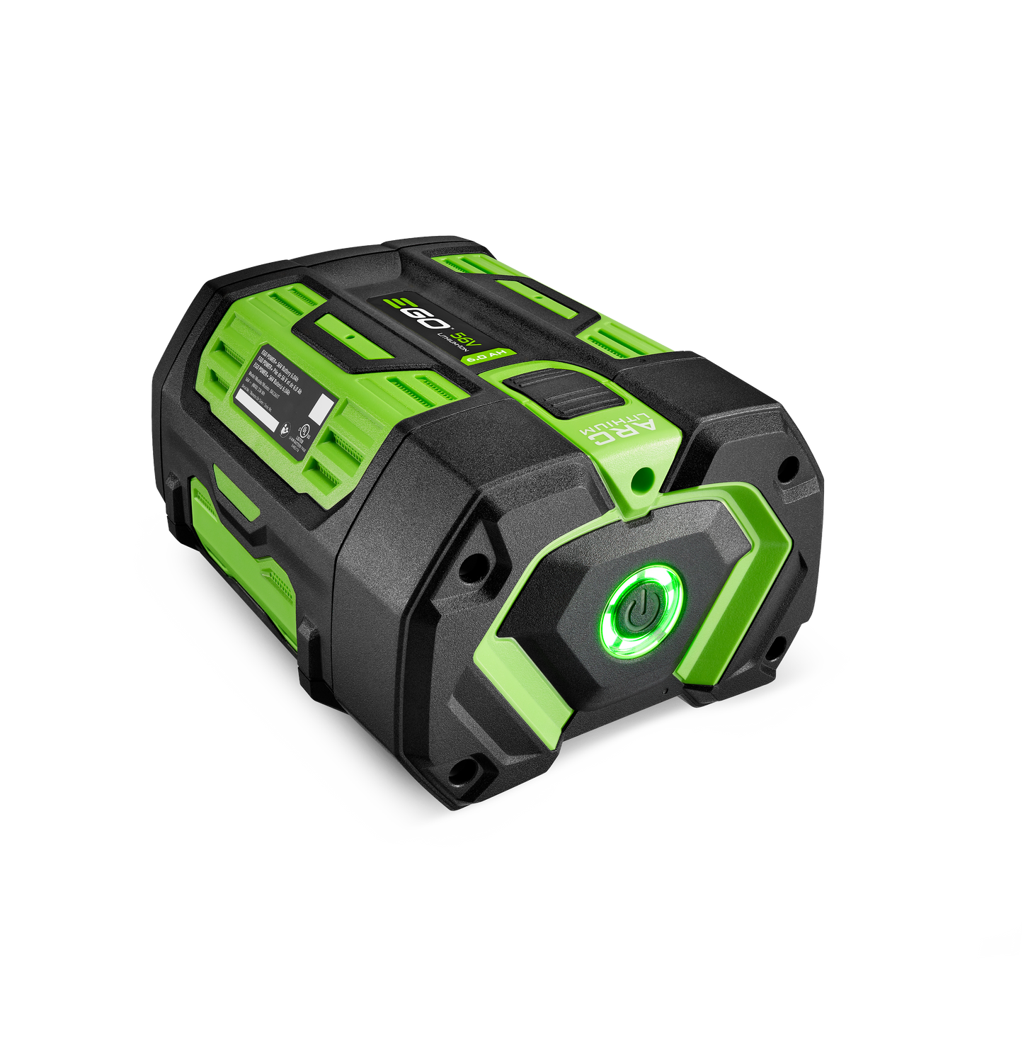 Compact black and green rechargeable battery with illuminated power button for tools and home improvement tasks