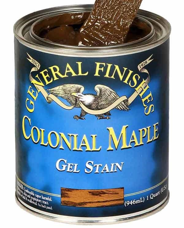 Open 1-quart can of colonial maple gel stain with wood finish brush for interior wood finishing projects