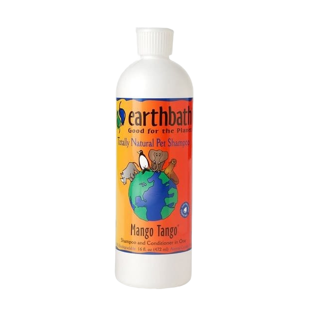 White plastic bottle of Earthbath Mango Tango 2-in-1 conditioning shampoo with colorful pet-themed label
