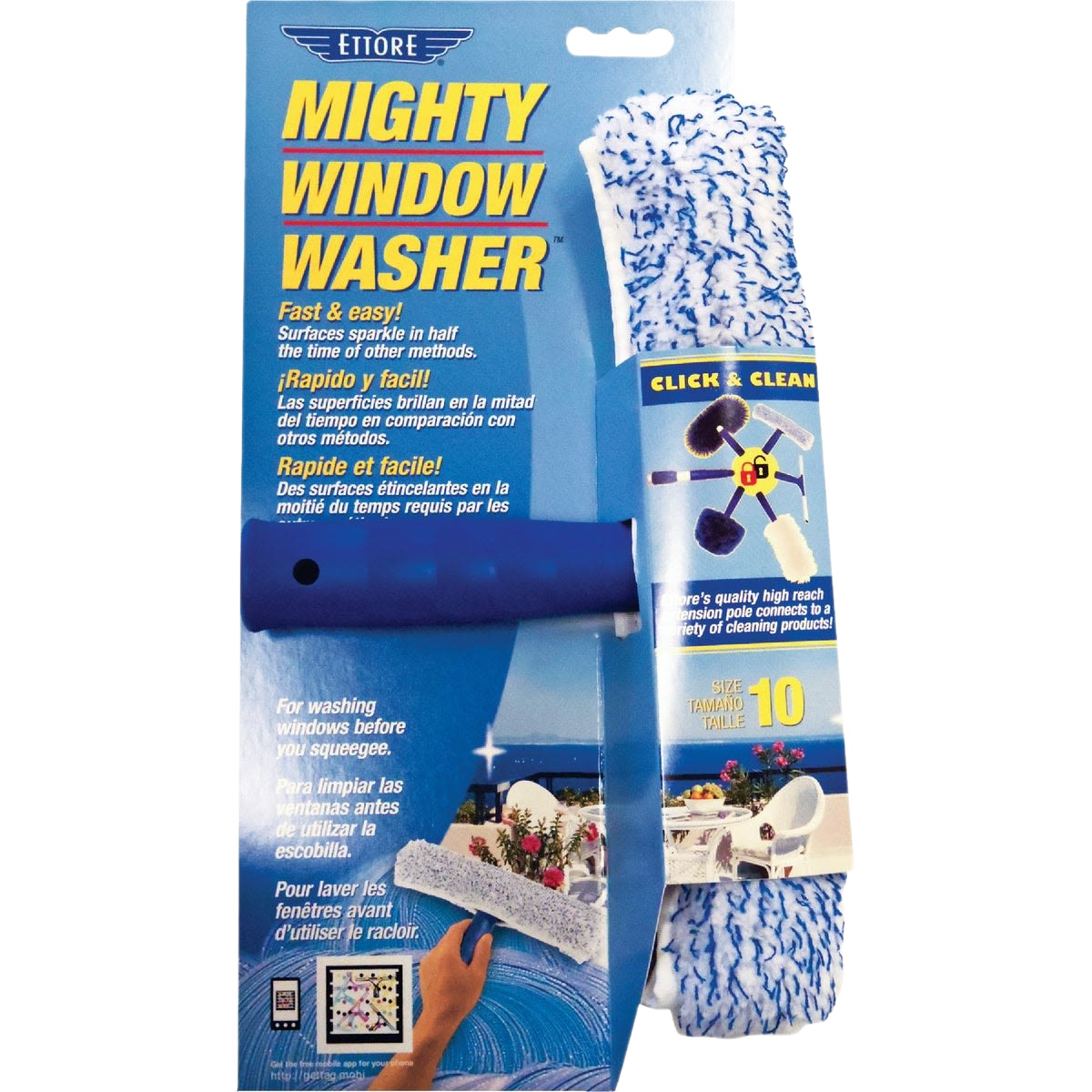 Blue and white microfiber window washer with ergonomic handle for cleaning windows in home improvement tools collection