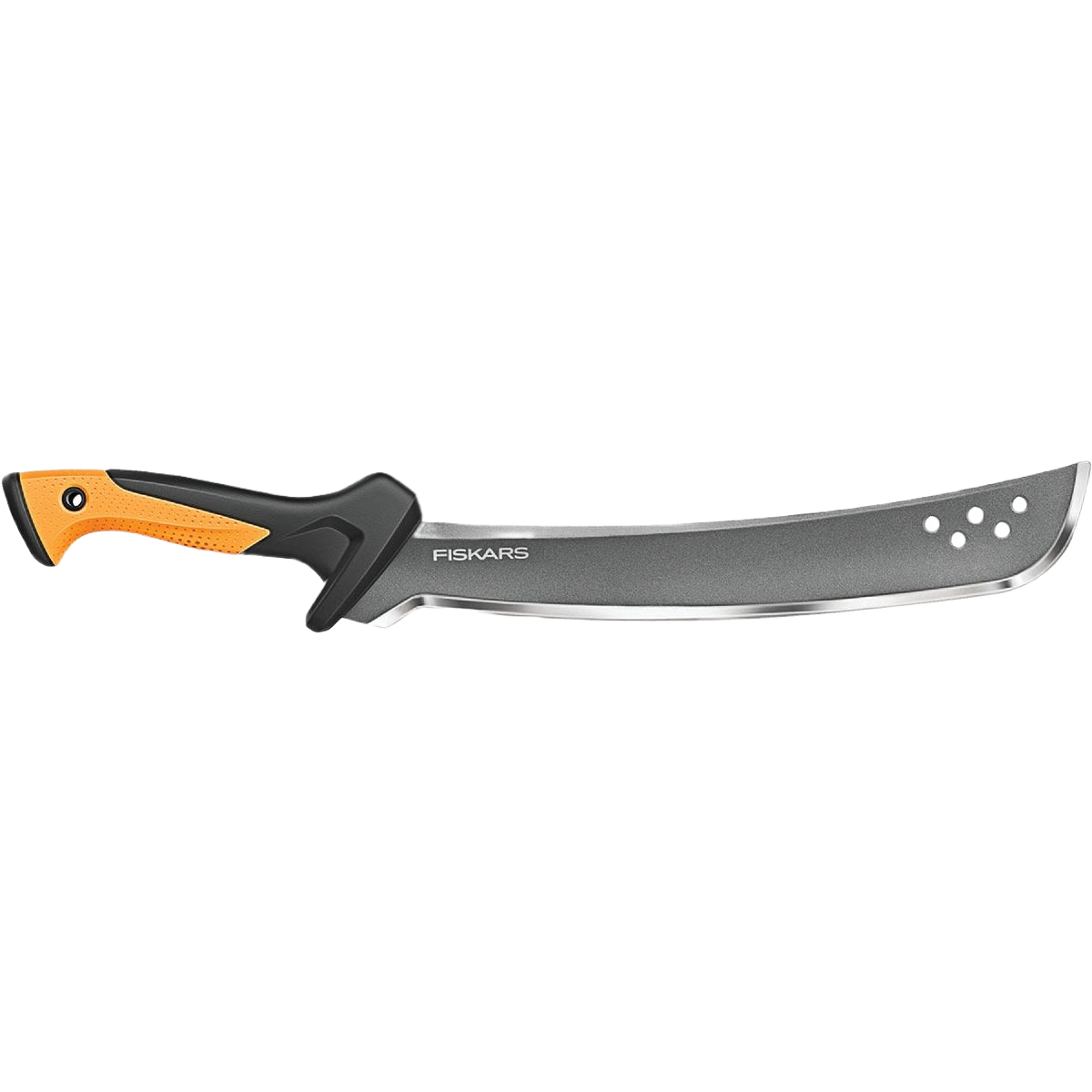 24-inch Fiskars machete with ergonomic orange and black handle, ideal for outdoor garden and lawn cutting tasks