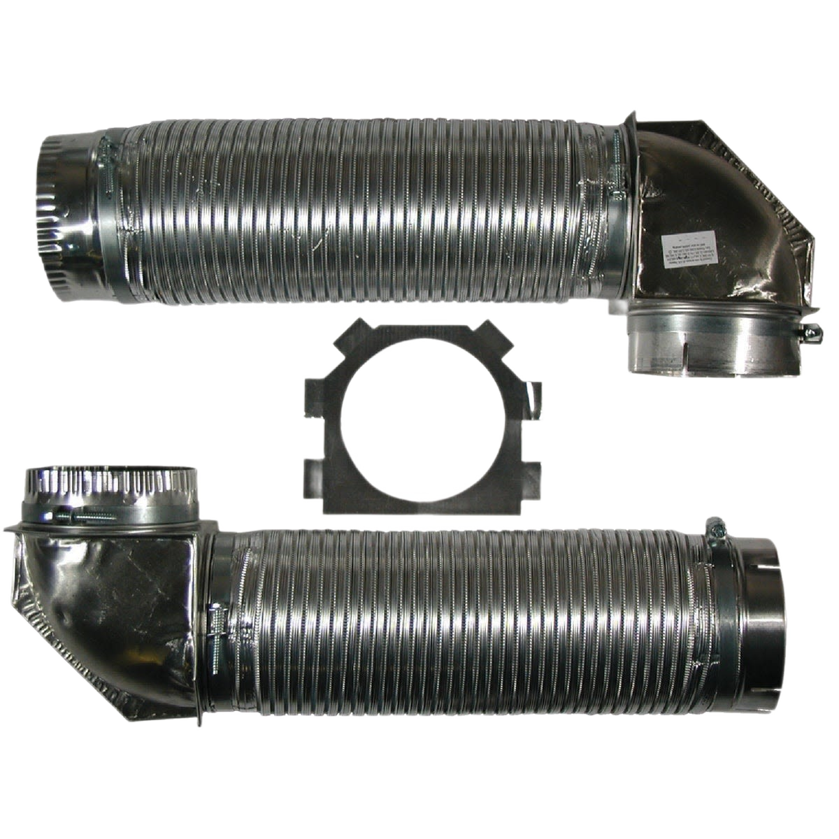 Two flexible aluminum dryer vent pipes with attached elbows, clamps, and mounting bracket for appliance parts and home improvement.