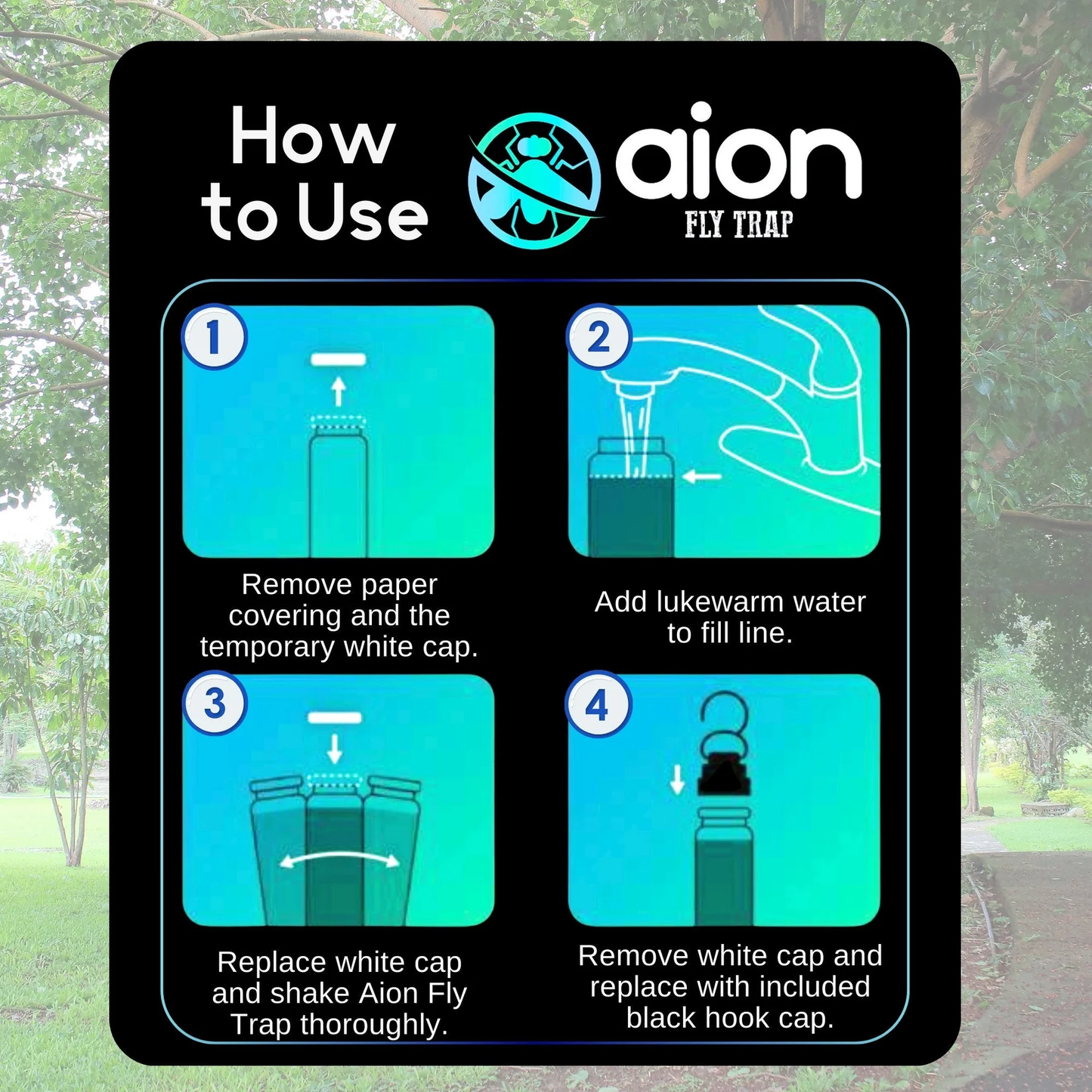 Step-by-step illustrated instructions for filling and preparing a blue Aion Fly Trap for outdoor insect control use.