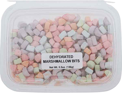 Clear plastic container filled with colorful dehydrated mini marshmallow bits for candy and food toppings.