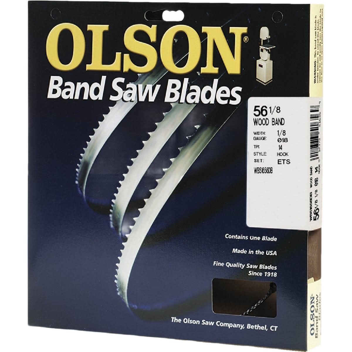 Packaging of Olson brand band saw blade with detailed product specifications and saw blades image for tools and home improvement.