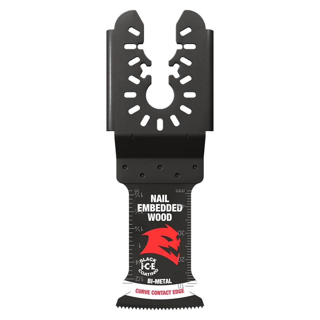 Black bi-metal oscillating blade with curve edge for cutting nail-embedded wood in tools and home improvement projects