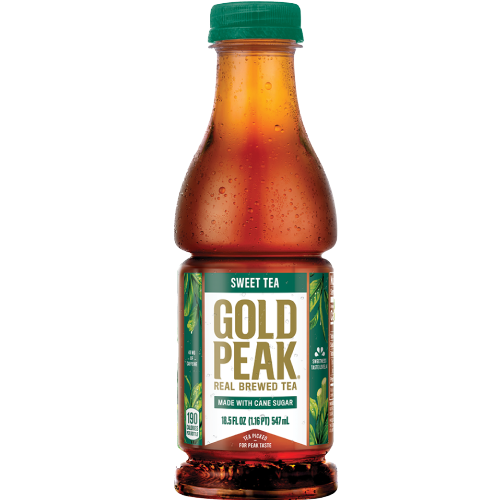18.5 oz bottle of chilled sweet tea with green cap and detailed label showing real brewed tea branding