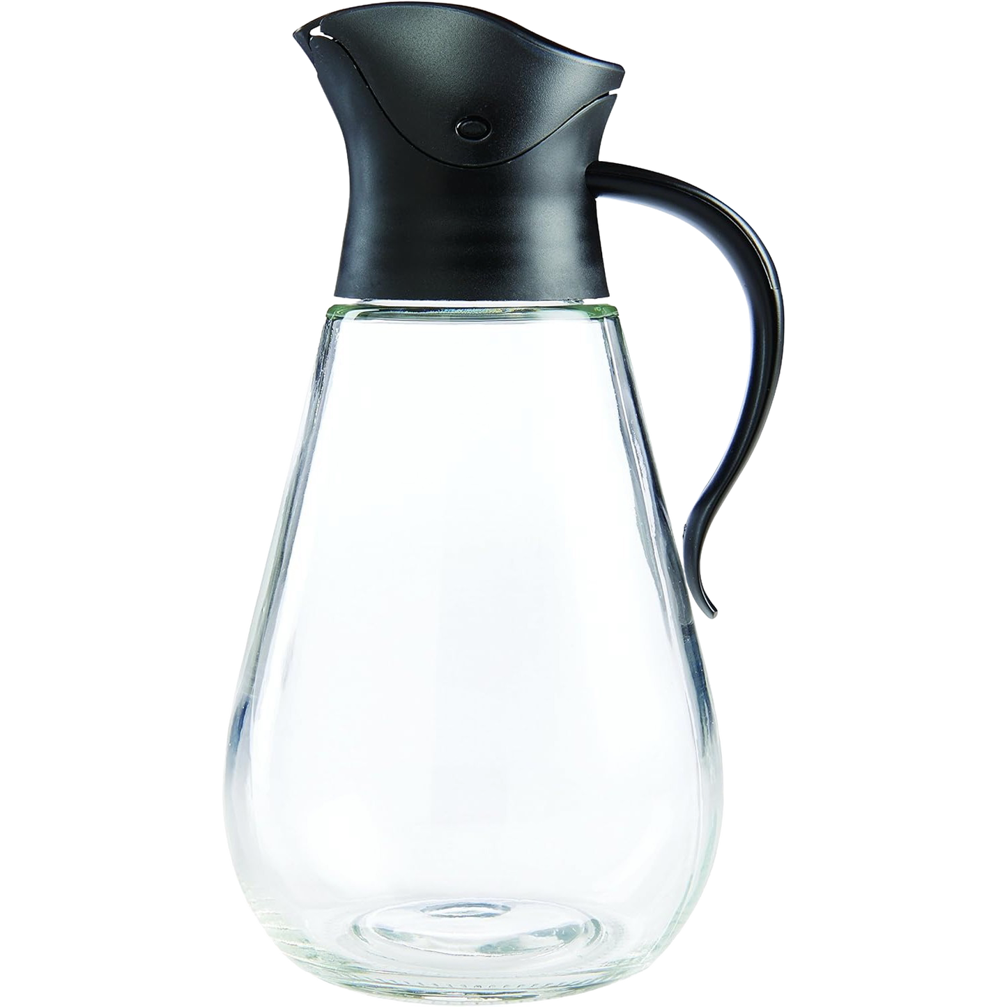 Clear glass syrup dispenser with black lid and handle for kitchen storage and food organization collections