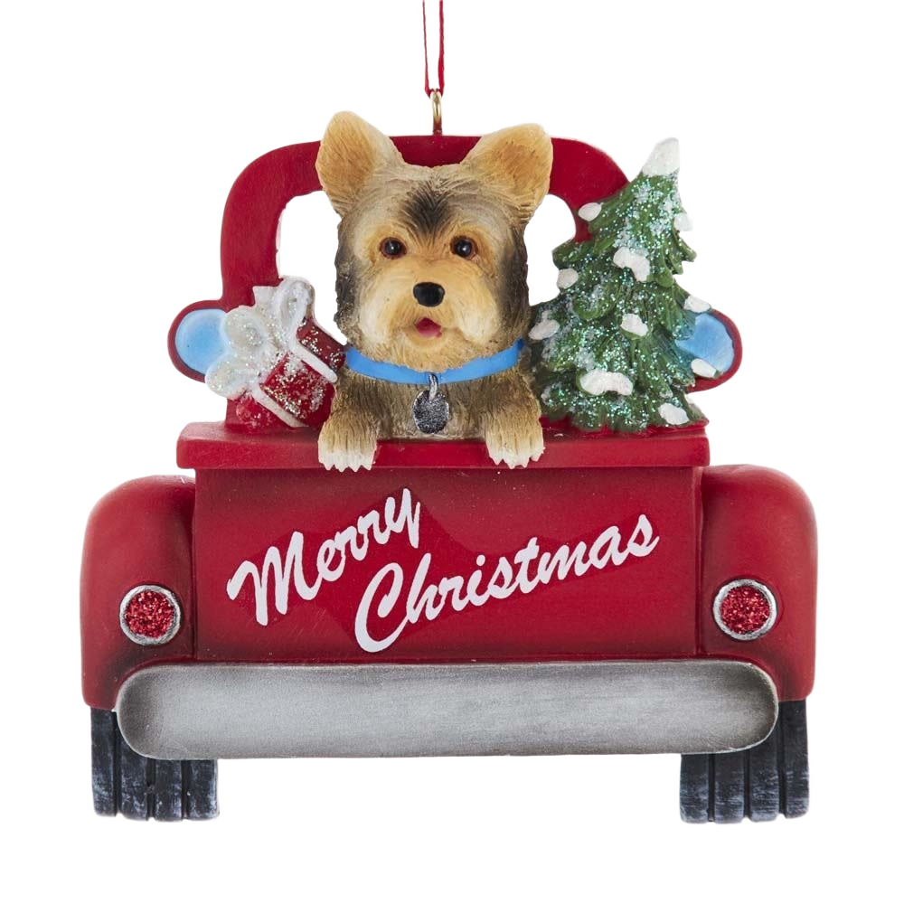 Festive red truck ornament with Yorkshire Terrier, Christmas tree, and gifts for holiday decor under $50