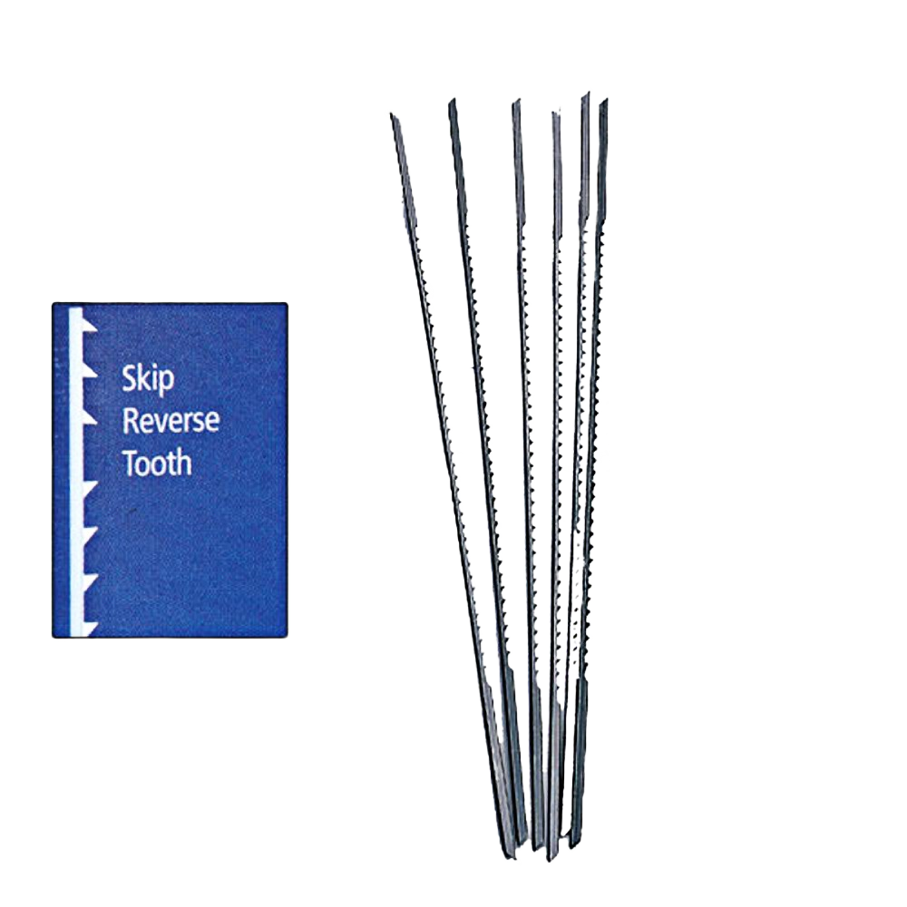 Set of reverse tooth scroll saw blades with skip tooth design for precise cutting in home improvement projects