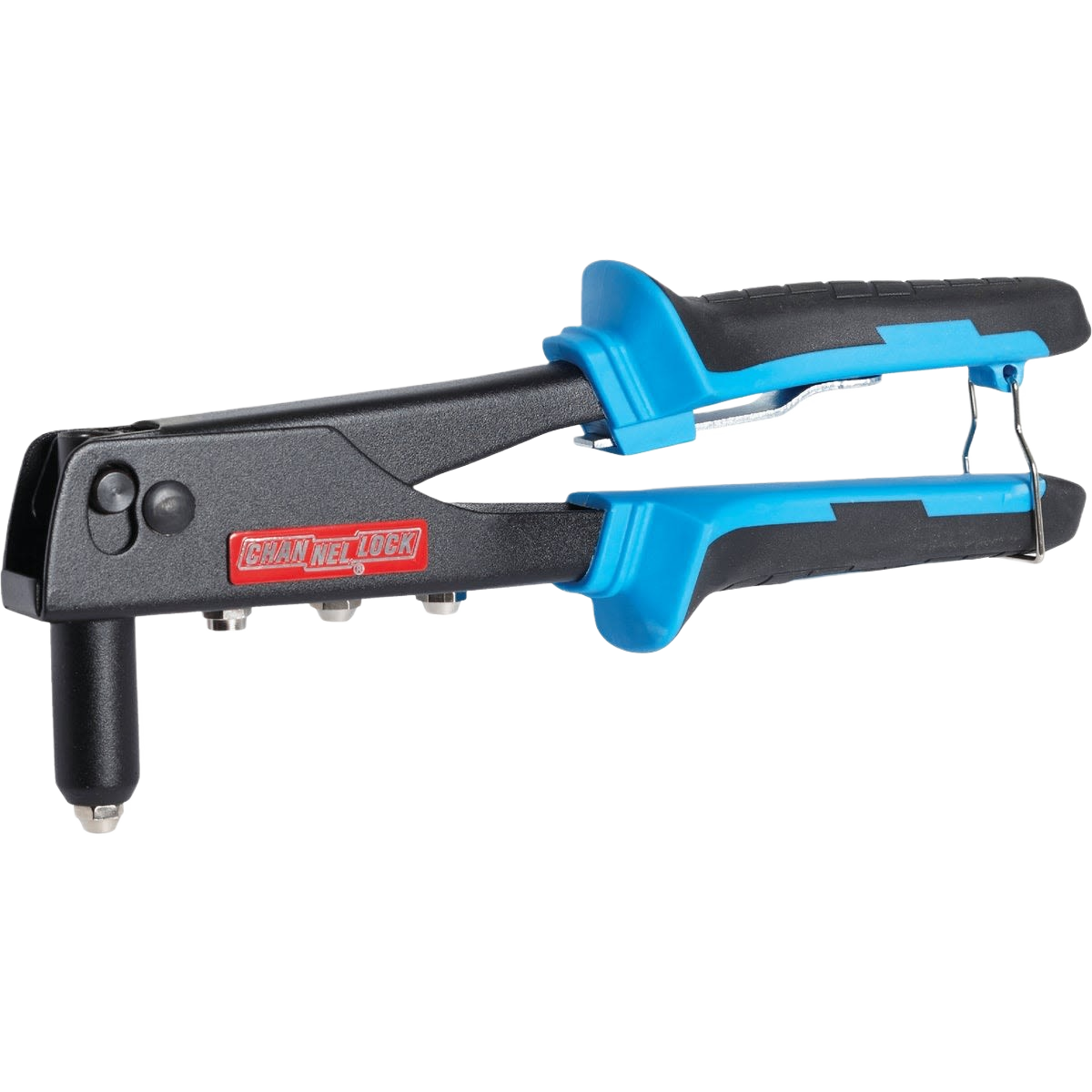Heavy-duty rivet gun with ergonomic blue and black handles designed for secure fastening in home improvement projects
