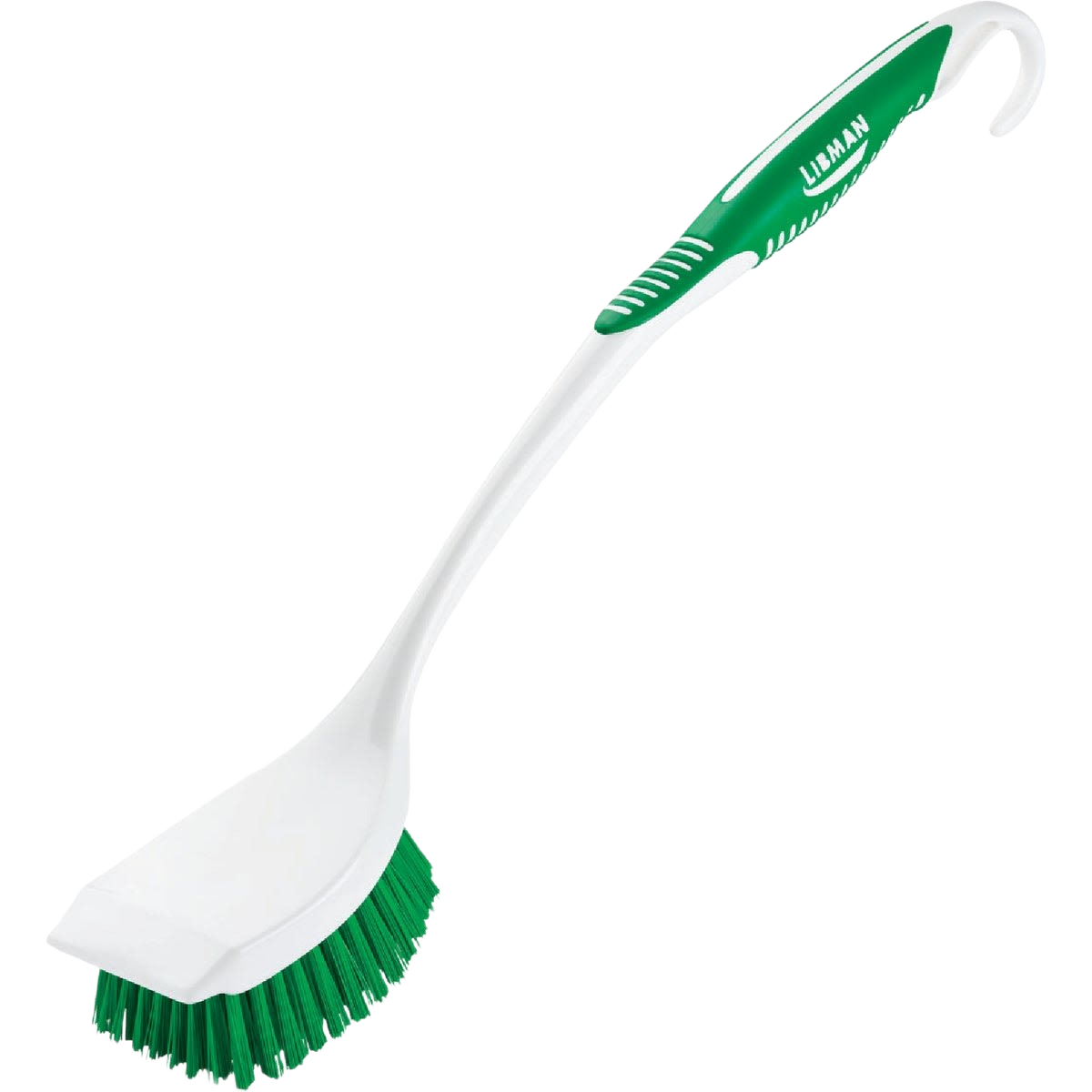 Scrub brush with extra-long green and white recycled PET handle for tough cleaning tasks in home improvement tools