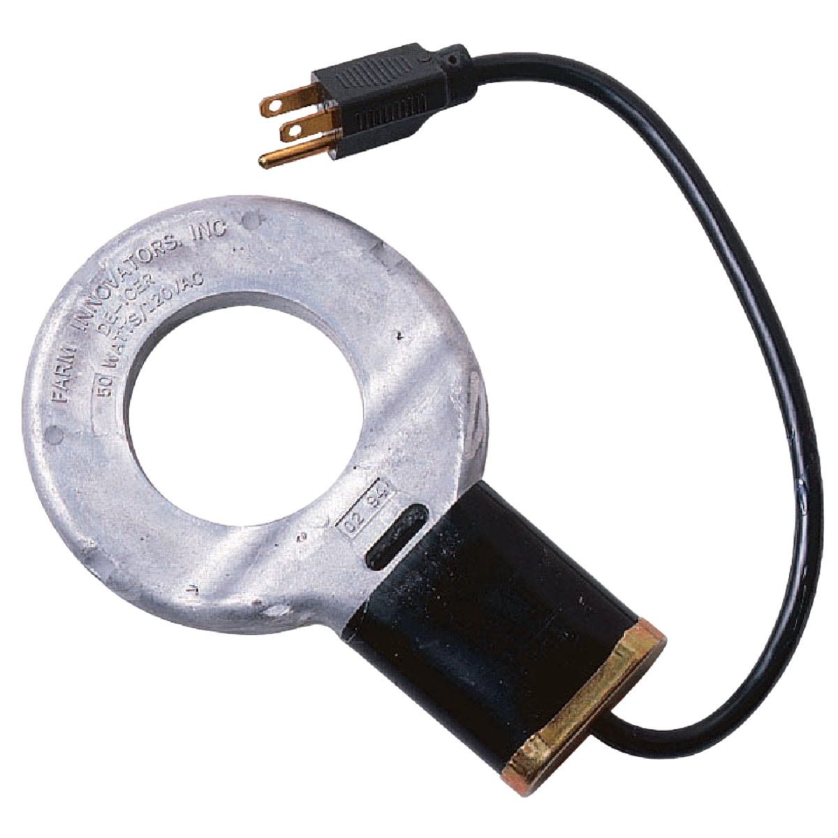 Circular metal bird bath heater with black plastic housing and attached power cord for outdoor winter use