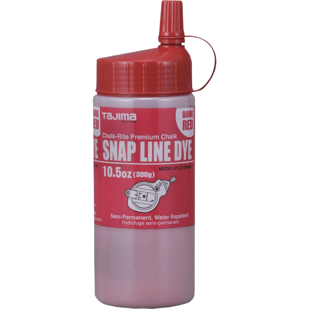 Red dye chalk line refill in 10.5 oz bottle for durable, water-repellent marking in woodworking and home improvement tasks