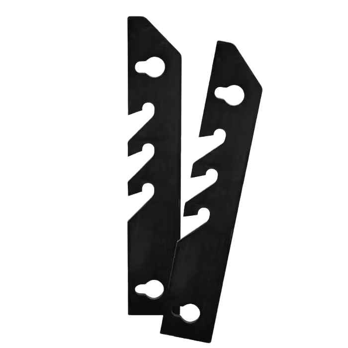 Two black metal log support brackets with multiple notch cutouts for securing timber in outdoor power tools and equipment