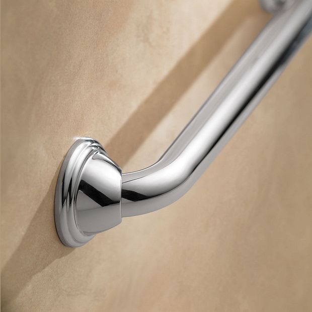 Polished chrome grab bar installed on bathroom wall for safety and accessibility in home improvement projects