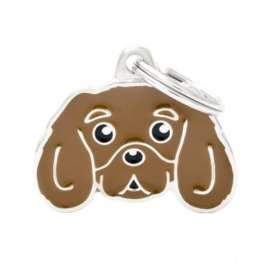 Brown hand-enameled Ruby King Cavalier dog face ID tag with silver trim, part of personalized pet tags under $50 collection