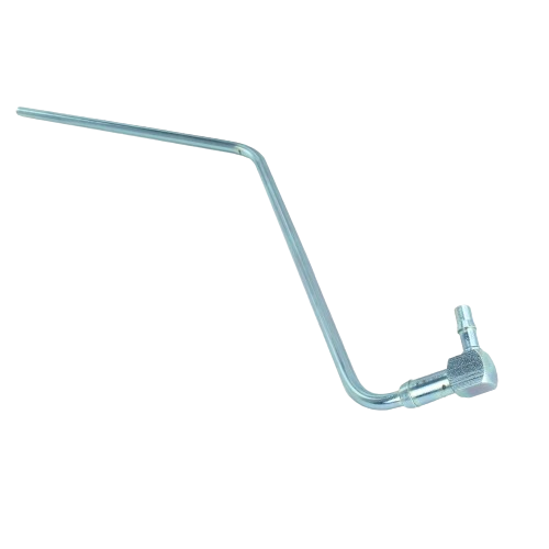 Metal fuel pickup tube with angled bend and threaded connector, designed for use in home improvement tools and equipment tasks