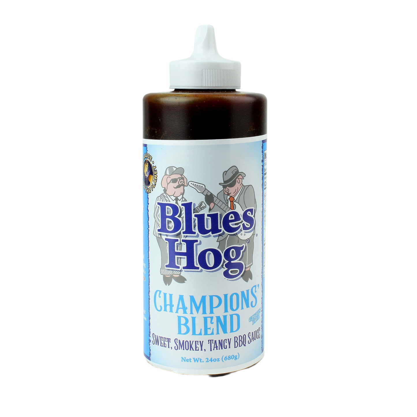 Plastic squeeze bottle of Blues Hog Champions' Blend gluten-free BBQ sauce featuring a labeled design with musicians illustration
